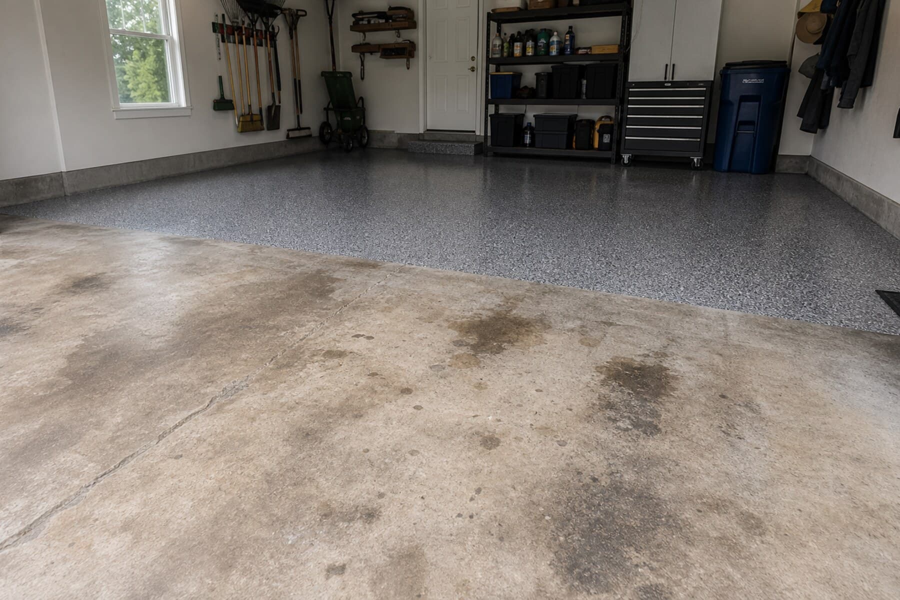 Before and after garage floor coating transformation from stained concrete to flake floor Before and after garage floor coating transformation from stained concrete to flake floor