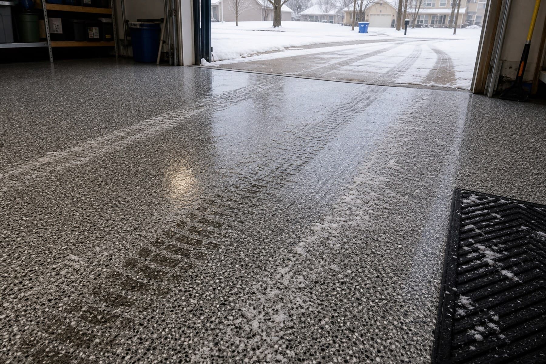 Coated flake garage floor with road salt and snow melt near the threshold Coated flake garage floor with road salt and snow melt near the threshold