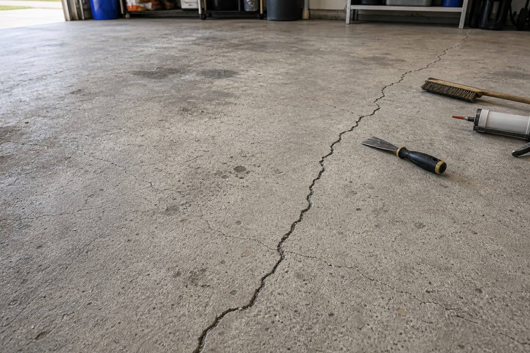 Cracked garage concrete floor being inspected before coating repair Cracked garage concrete floor being inspected before coating repair
