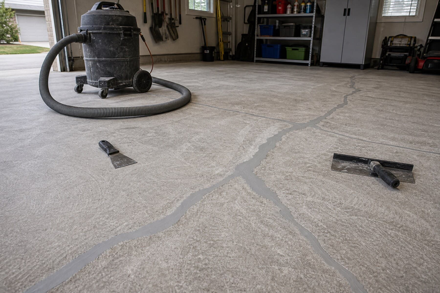 Concrete prep and diamond grinding with repaired cracks before garage floor coating Concrete prep and diamond grinding with repaired cracks before garage floor coating