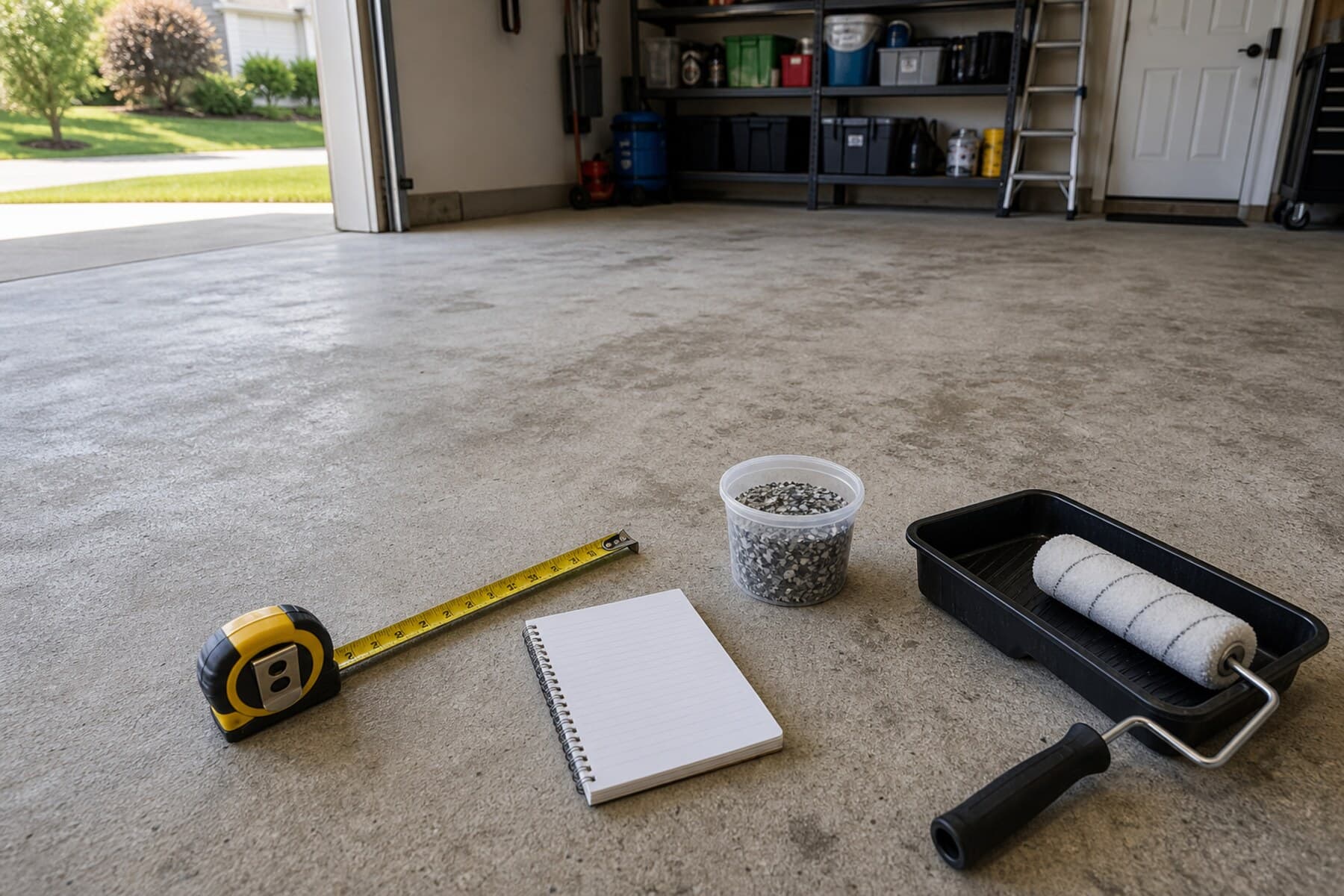 Garage floor coating quote request setup with measuring tape and prepared garage concrete Garage floor coating quote request setup with measuring tape and prepared garage concrete
