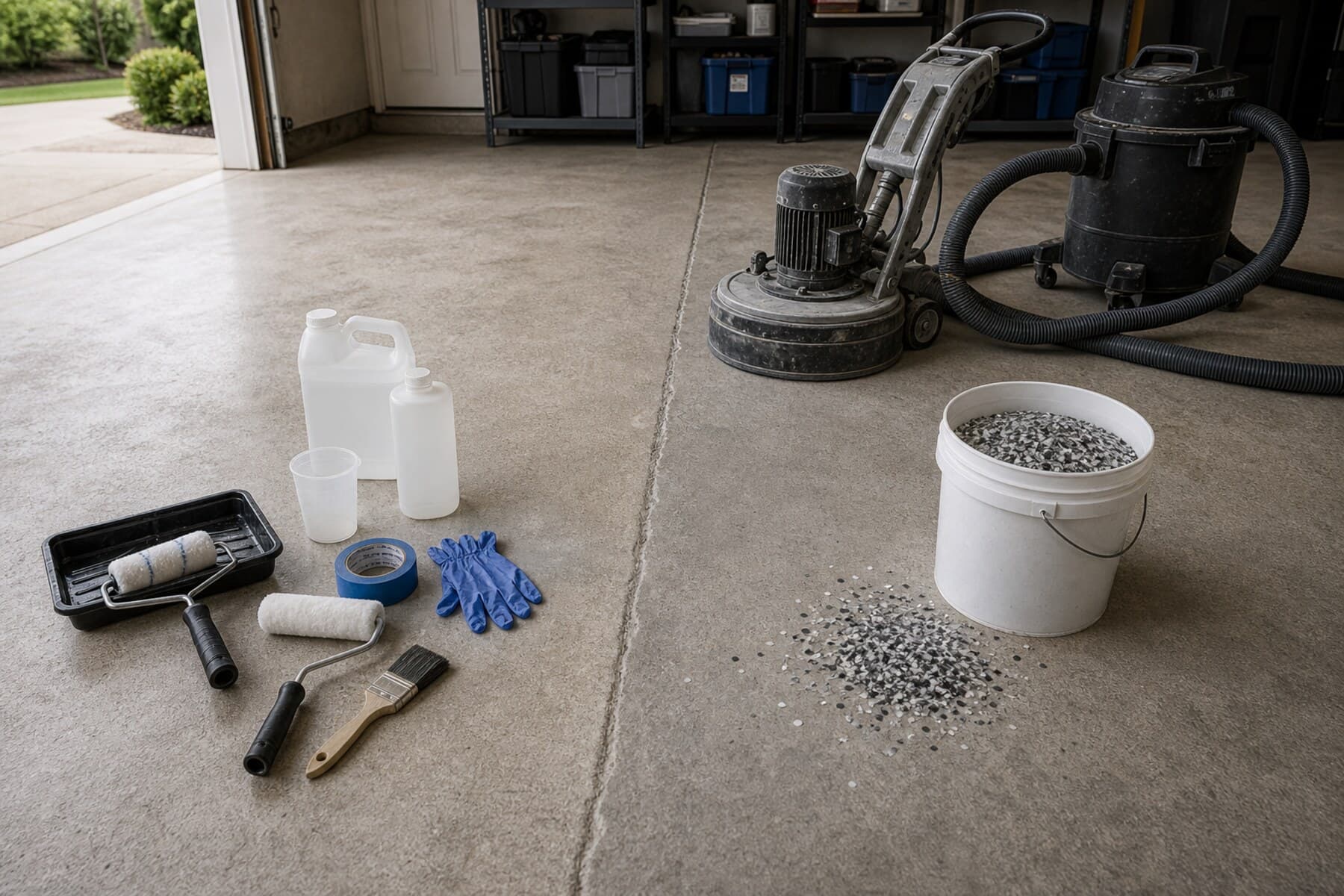 DIY epoxy kit materials beside professional garage floor coating prep equipment DIY epoxy kit materials beside professional garage floor coating prep equipment
