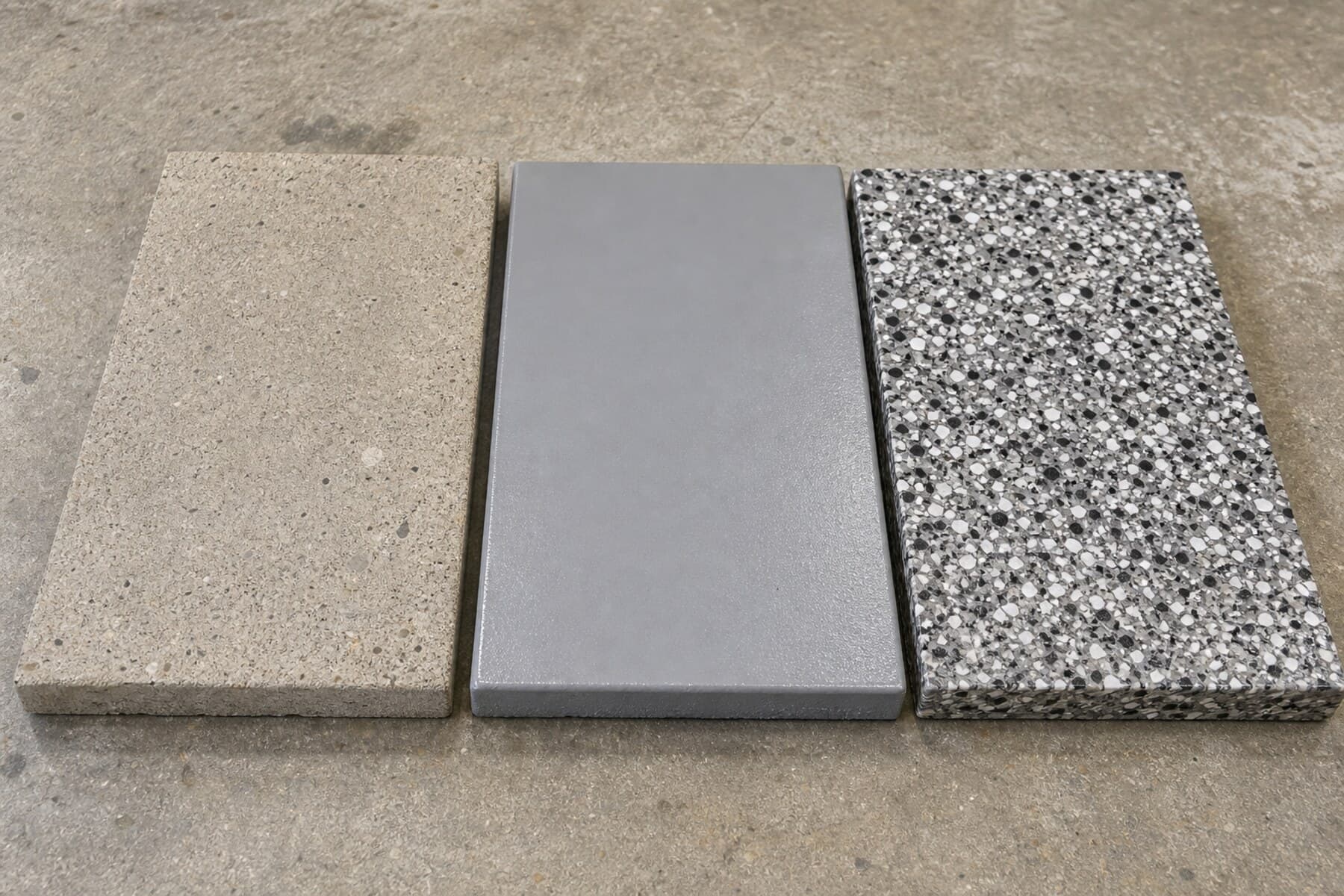 Garage floor coating samples comparing raw concrete epoxy and full flake polyaspartic Garage floor coating samples comparing raw concrete epoxy and full flake polyaspartic