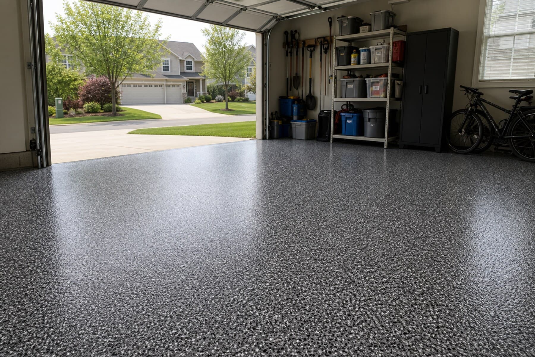 Open local residential garage with finished flake floor for near me coating searches Open local residential garage with finished flake floor for near me coating searches