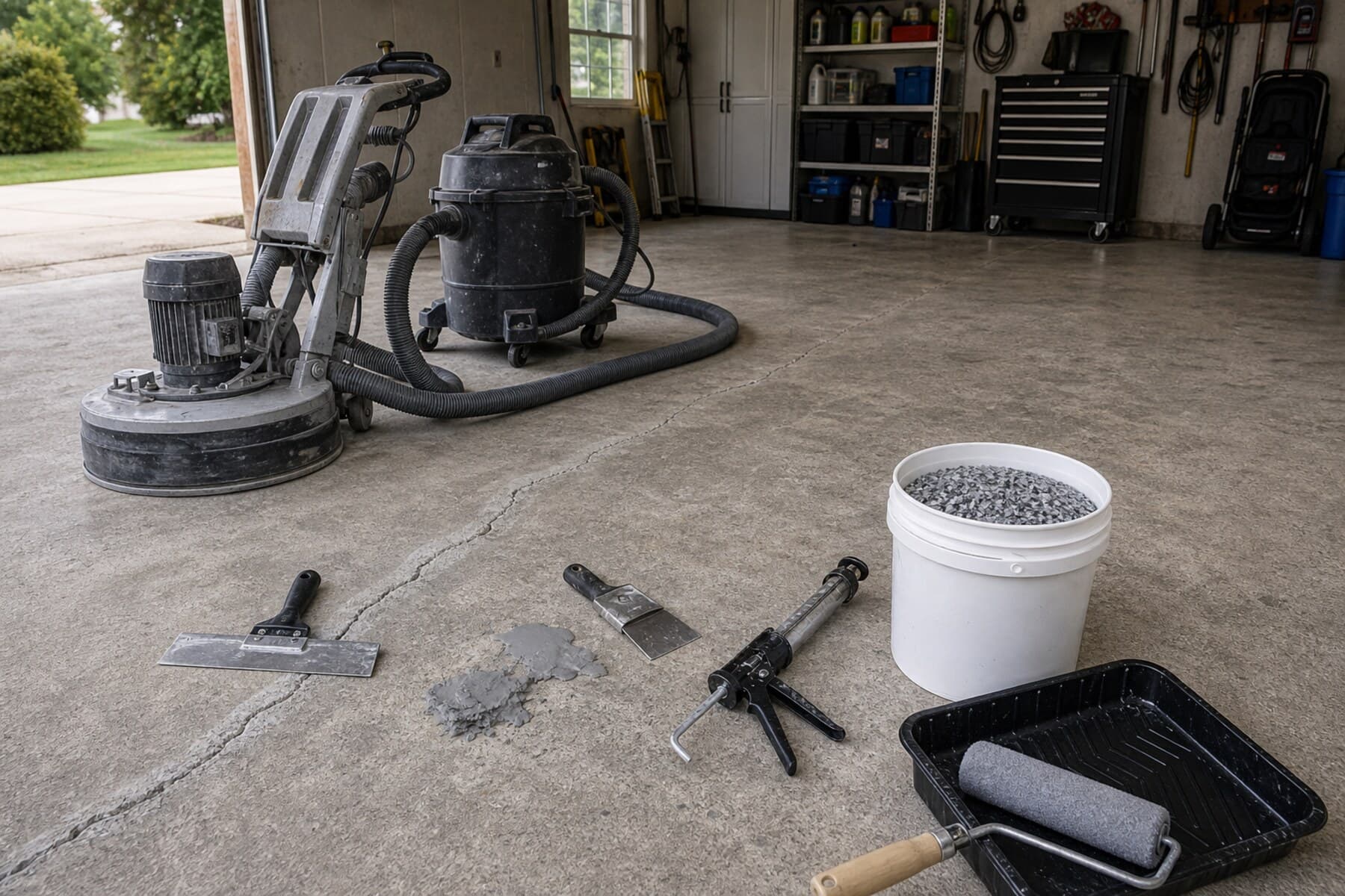 Garage floor coating process materials with grinder vacuum flakes and roller tray Garage floor coating process materials with grinder vacuum flakes and roller tray