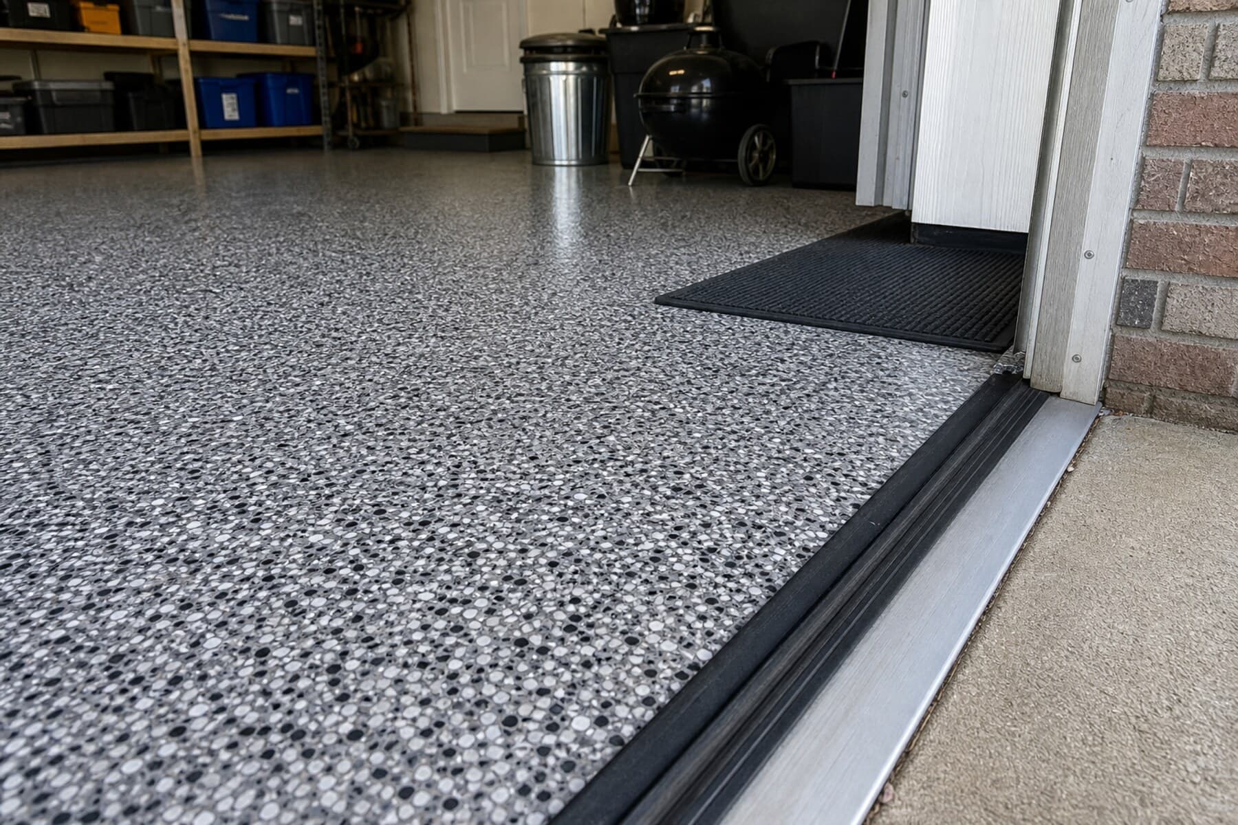 Decorative flake garage floor coating near an Iowa City garage door threshold Decorative flake garage floor coating near an Iowa City garage door threshold