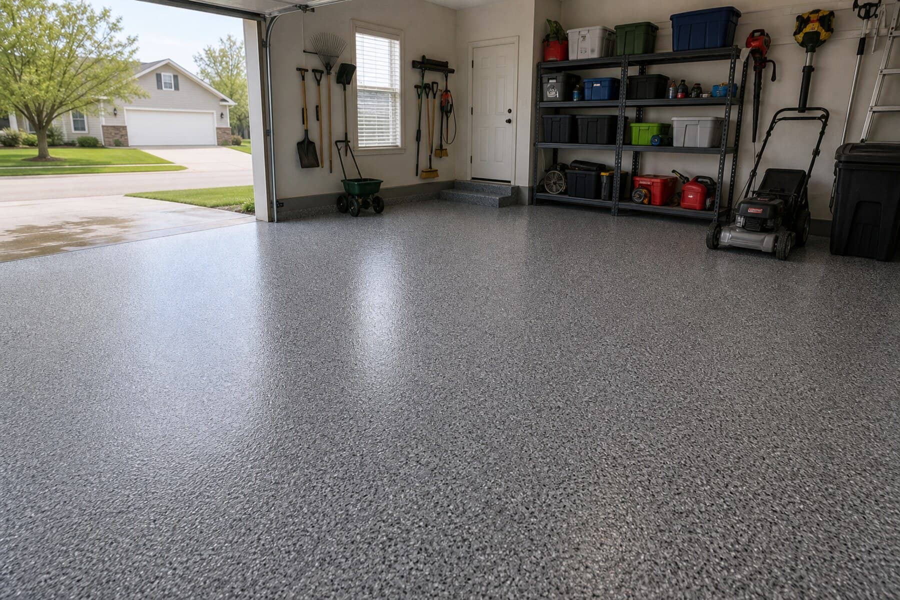 Finished decorative flake garage floor coating in a Marion suburban garage Finished decorative flake garage floor coating in a Marion suburban garage