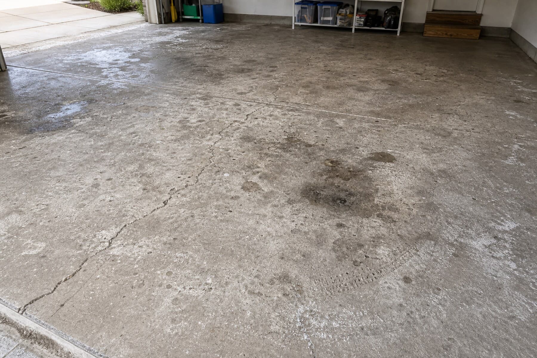 Cracked and pitted garage concrete prepared for resurfacing before coating Cracked and pitted garage concrete prepared for resurfacing before coating