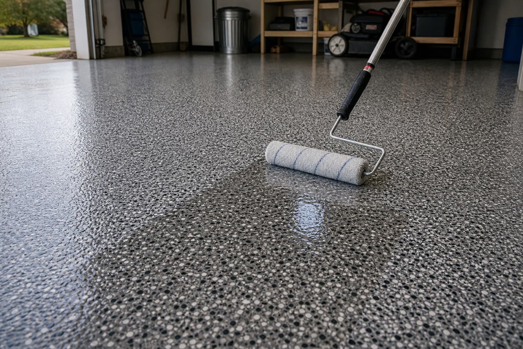 Close view of satin polyaspartic topcoat over decorative garage floor flakes Close view of satin polyaspartic topcoat over decorative garage floor flakes