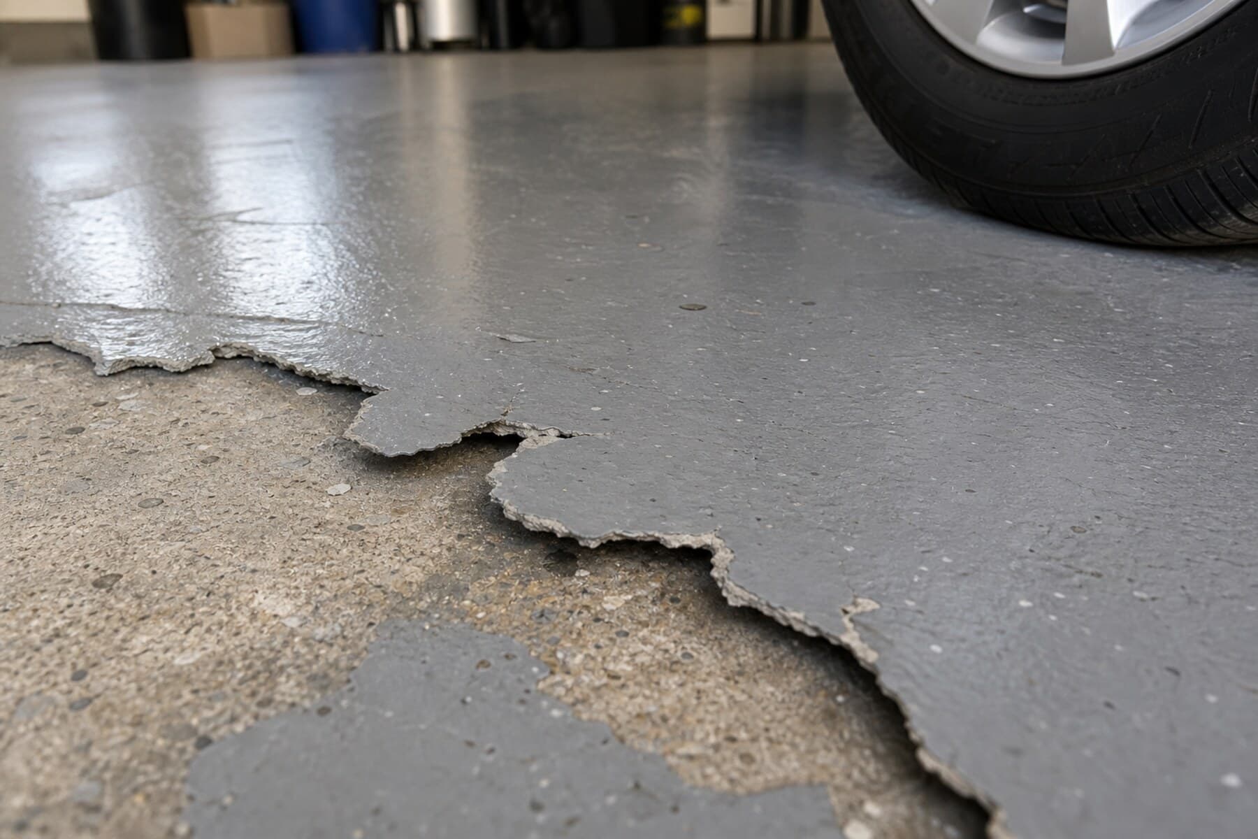 Peeling garage floor coating near a hot tire area with exposed concrete Peeling garage floor coating near a hot tire area with exposed concrete